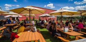 Grassy area surrounded by fencing and wooden picnic benches covered by large umbrellas.