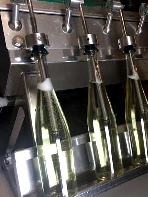 Wine Wine bottles are filled under a machine during production.