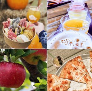 4 images: a cheese platter, wine flights, apples, buffalo pizza