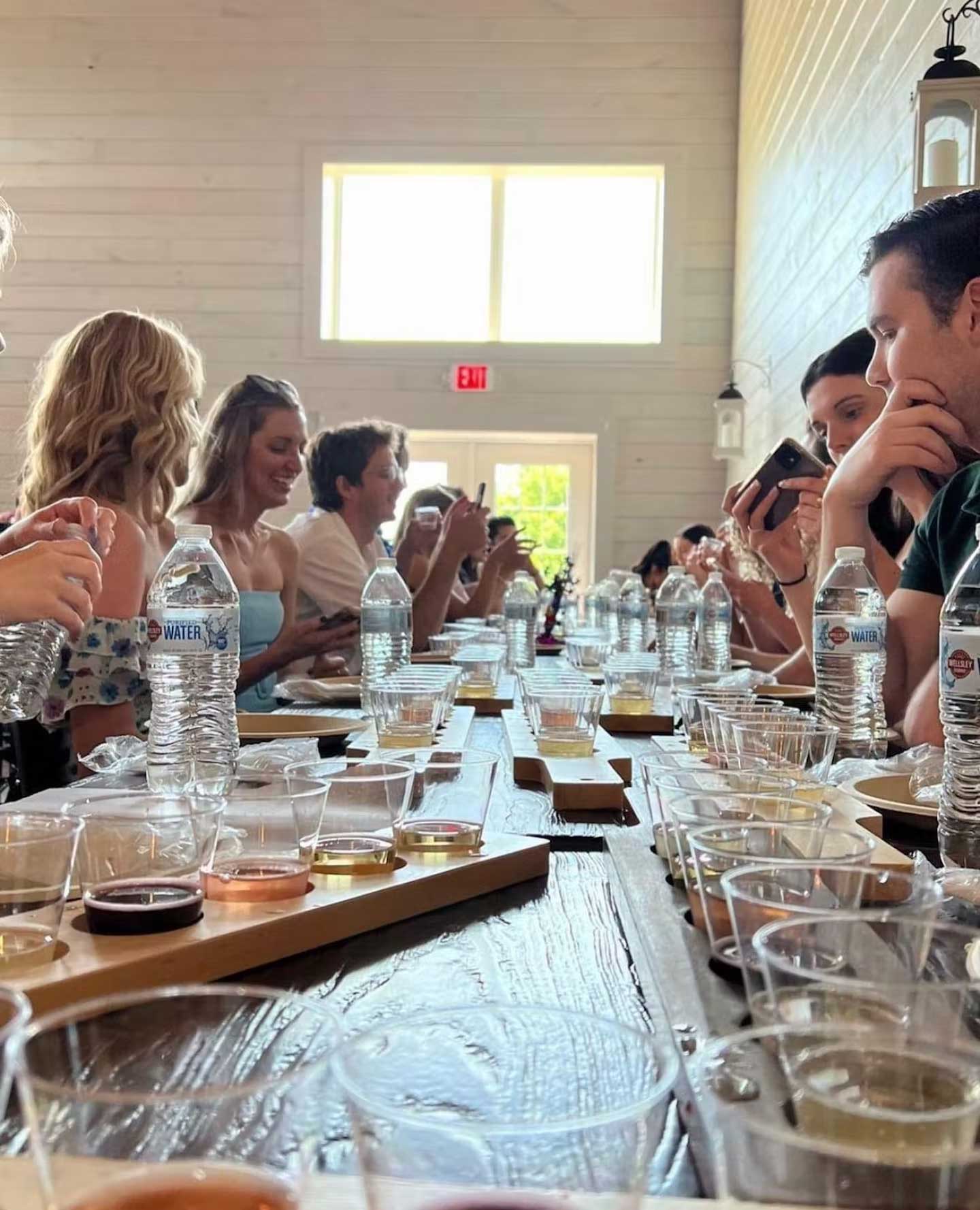 A group of friends sit in a bright sunlit room with flights of wine in front of them