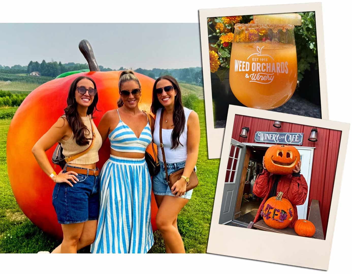 Three women stand in front of a giant peach sculpture outdoors. A person wears a jack-o-lantern on their head in front of a winery building