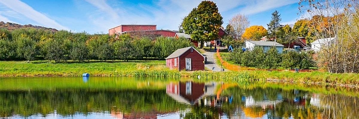 Lake with blue skies and a red barn