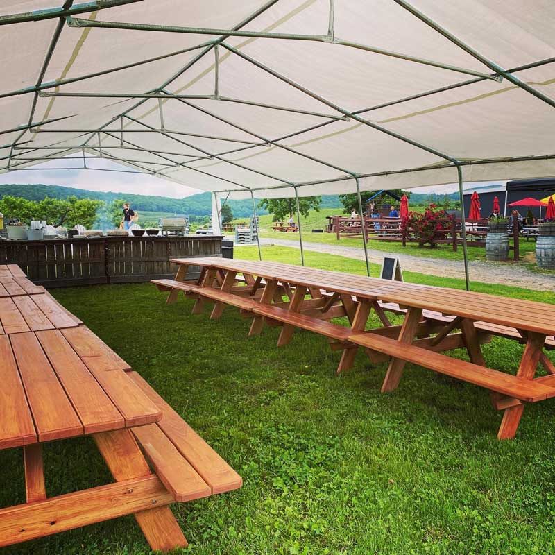 Two rows of picnic tables underneath a large white tent